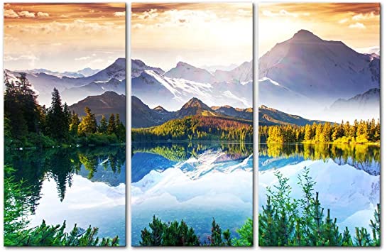 My Easy Art- Mountain Wall Art Decor Lake and Trees Forest in National Park Canvas Pictures Artwork 3 Panel Nature Landscape Painting Prints for Home Living Dining Room Kitchen