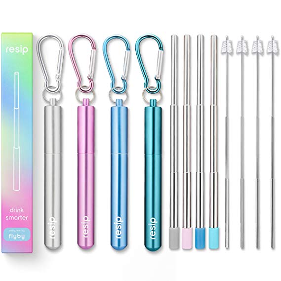 Flyby Portable Reusable Drinking Straws | Collapsible & Foldable Telescopic Stainless Steel Metal Straw Dispenser | Final Aluminum Case, Long Cleaning Brush, Silicone Tip | Variety Pack 1 | 4-Pack