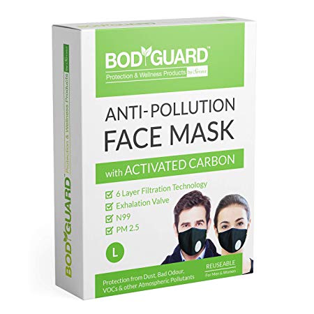 Bodyguard Reusable Anti Pollution Face Mask with Activated Carbon, N99   PM2.5 for Men and Women - Large