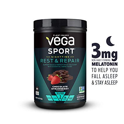 Vega Sport Nighttime Rest & Repair US Chocolate Strawberry (15 servings, 15oz) - Vegan Plant-Based Workout Fuel with Protein, Melatonin, Magensium, and Calcium - Non GMO, No Dairy, No Soy, Gluten Free