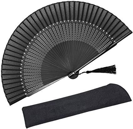 OMyTea Sexy Black Folding Hand Held Rave Bamboo Fan for Women - Chinese Japanese Spanish Handheld Fan - for Wedding, Decoration, Performance, Dancing, Church, Party, Gifts (Diamonds)