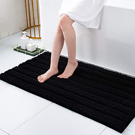 Olanly Extra Thick Luxury Striped Shaggy Chenille Bath Mat, Fluffy Non-Slip Washable Absorbent Bathroom Rug for Laundry Room, Kitchen Floors 24" x 47", Black