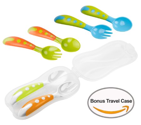 Lullababy Travel Safe Training 3 Spoon and Fork Set with Bonus Travel Carrying Case, Perfect Size Feeding Spoon and Fork Set BPA Free, Great Baby Gifts Set