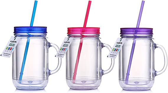 Cupture Double Wall Insulated Plastic Mason Jar Tumbler Mug - 20 oz, 3 Pack