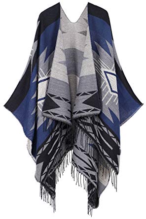 EPGM Women's Lovely Draped Fringed Open Front Abstract Pattern Cardigans Poncho Wrap