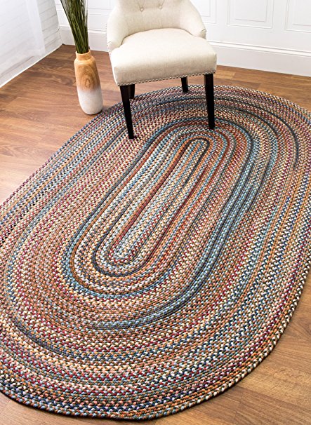 Green Rug Braided Textured Design 4ft. X 4ft. Casual Reversible Thick Wool Carpet