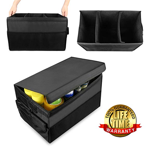 Heavy Duty Car Trunk Organizer with Lid, GOGOLO Car Boot Storage Organizer For Car, SUV, Truck, 3 Dividual Compartment, Non Slip Bases to Prevent Sliding (No Strap Needed), Foldable Sealing Cover