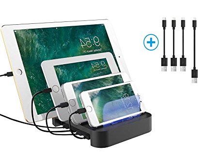 HeQiao Universal USB Charging Station Detachable 4-Port Fast Charging Cell Phone Dock Portable Travel Charger Organizer for Samsung iPhone Phones Tablets (Free USB Cables Included)-Black