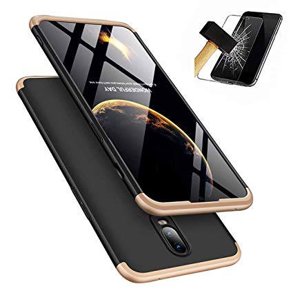 OnePlus 6 Case, Laixin Protection 3 in 1 Slim Hard PC Cover with Screen Protector Shockproof Shell Full Body Protective Case Bumper (Gold & Black)
