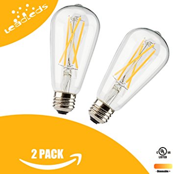 Leadleds LED Dimmable Edison Bulb of Antique Vintage Style Long LED Filament E26 Medium Screw Base 6Watt to Replace 60W Incandescent Bulb 2700K, Warm White (2-Pack)