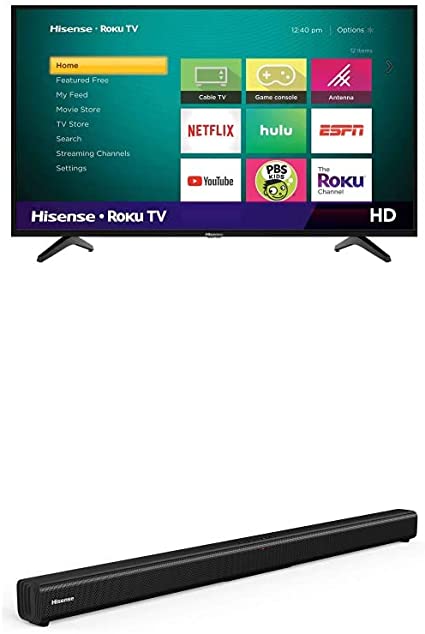 Hisense 40-Inch Class H4 Series LED Roku Smart TV with Alexa Compatibility (40H4F, 2020 Model)   Hisense 2.0 Channel Sound Bar Home Theater System with Bluetooth (Model HS205)