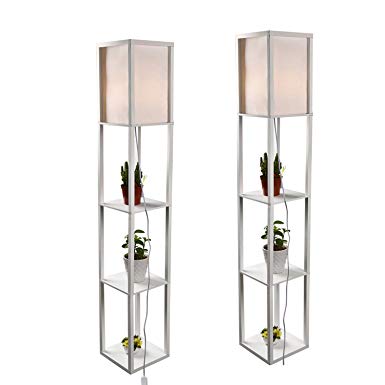 Simple Design Shelf Floor Lamp, White Shade, 63 Inch Height, with Open-Box Shelves, White (2 Pack)