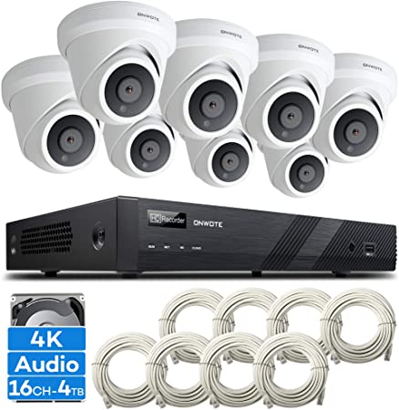 【Audio】 ONWOTE 16 Channel 4K 8MP PoE IP Security Camera System 4TB Hard Drive, 16CH 4K H.265 NVR, 8 Outdoor 4K 3864x 2202 8.51 Megapixels Dome PoE Cameras, 100ft IR, 105° View Angle, Mobile Access