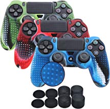 YoRHa Studded Silicone Cover Skin Case for Sony PS4/slim/Pro Dualshock 4 Controller x 3(Camouflage red Camouflage Blue Camouflage Green) with Pro Thumb Grips x 8