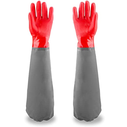 Waterproof Pond Gloves, Extra Long Sleeve Full Arm Gloves for Men, Red