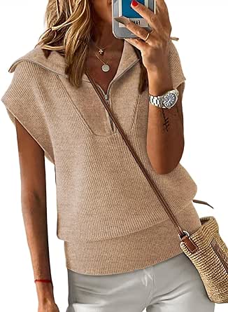 Dokotoo Women's Casual Sleeveless Half Zip Pullover Sweaters Solid V Neck Collar Ribbed Knitted Loose Sweaters