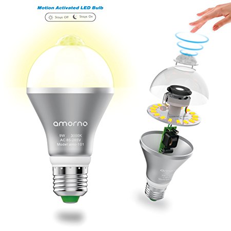 Motion Sensor Light Bulb,AMORNO 9W E26/E27 Smart PIR LED Light Bulb Auto on/off Night lights for Stairs,Garage,Corrido, Walkway,Yard ,Hallway,Patio, Carport (Warm White)