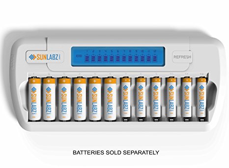 SunLabz Smart Rechargeable Battery Charger - AA AAA NiMH NiCD Batteries - 12 Bay/Slot