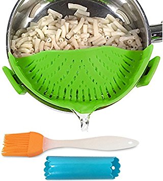 Clip-on kitchen food strainer for spaghetti, pasta, ground beef grease and more, colander and sieve snaps on bowls, pots and pans, Set includes silicone brush & garlic peeler by Salbree, Green