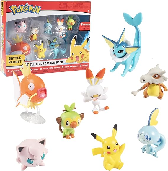 Pokemon Battle Ready! Figure Set, 8 Pieces - Playset with 2 & 3 inch Figures Pikachu, Scorbunny, Grookey, Sobble, Jigglypuff, Cubone, Vaporeon & Magikarp - Gift for Kids, Boys, Girls - Ages 4