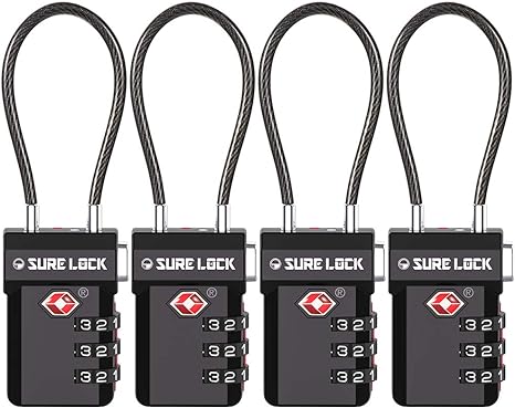 SURE LOCK TSA Compatible Travel Luggage Locks, Inspection Indicator, Easy Read Dials, BLACK 4 PACK, One_Size
