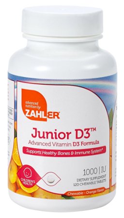 Zahler Junior D3 Chewable 1000IU, High Absorption Chewable Vitamin D3 1000 IU for Kids, Advanced Formula Targeting Vitamin D Deficiencies, Certified Kosher, 120 Delicious Tasting All-Natural Orange Flavored Chewable Tablets