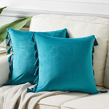 Fancy Homi Pack of 2 Teal Decorative Throw Pillow Covers with Handmade Tassels, Soft Velvet Accent Solid Square Cushion Case Set for Couch Sofa Bedroom Car Living Room (18x18 Inch/45x45 cm, Teal Blue)