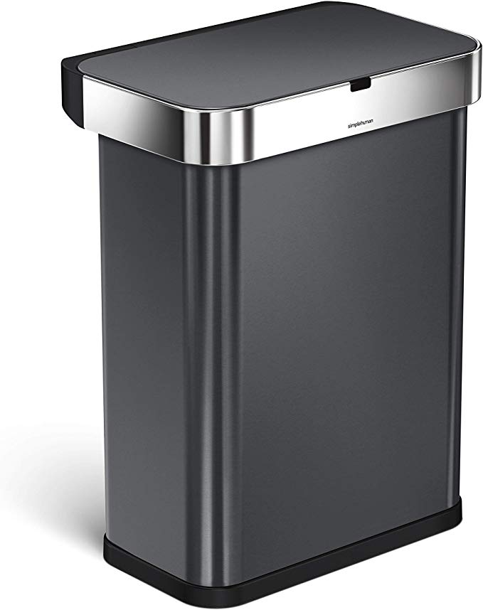 simplehuman, Black 58 Liter / 15.3 Gallon Stainless Steel Touch-Free Rectangular Kitchen Trash Can, Voice and Motion Sensor Activated