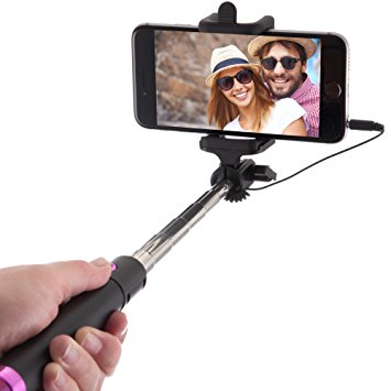 Selfie Stick with Cable - [Battery Free] Extendable Wired Handheld Monopod for iPhone 7/6/6S/SE Plus, Samsung Galaxy S8/S7/S6/Edge, Android/Apple Phones from Power Theory [Pink]