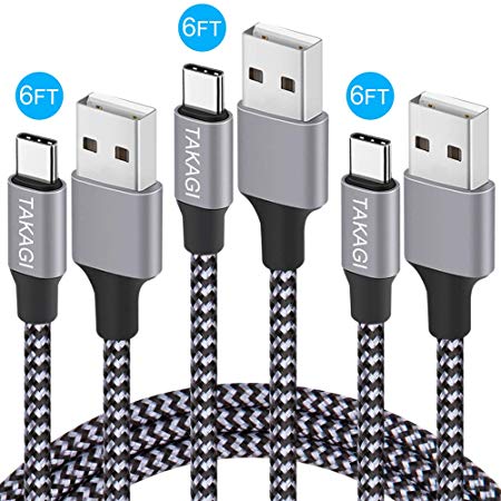 USB Type C Cable, TAKAGI 3Pack 6ft USB C to USB A Nylon Braid Fast Charging Cord High Speed Data Sync Transfer Charger Cable Compatible with Galaxy S9, Note, LG, Pixel 2 XL, Huawei, ONEPLUS and More
