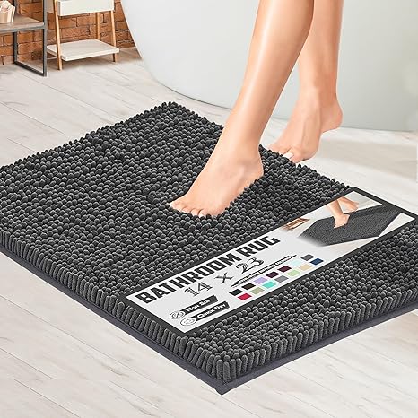 Soft Plush Chenille Bathroom Rug, Absorbent Microfiber Bath Mat, Machine Washable, Non-Slip Grip, Quick-Dry, Thick Shag Carpet for Bath, Shower Floor, Bedroom, or Door Mat (Charcoal Gray, 14x23)