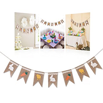 Tinksky Burlap Banner birthday banners Rabbit Carrot Print Natural Burlap Bunting Banner for Easter Christmas Baby Shower Party Favors Photo Props