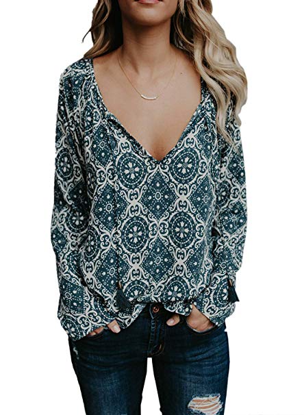 FARYSAYS Women's Casual Boho Floral Print V Neck Long Sleeve Shirts Tops Loose Blouses