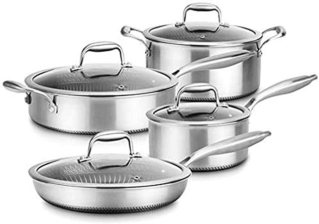 8-Piece Triply Cookware Set Stainless Steel-Triply Kitchenware Pots & Pans Set Kitchen Cookware w/ DAKIN Etching Non-Stick Coating-Sauce Pot, Stew Pot, Cooking Pot, Frying Pan, Lids-NutriChef NC3PLY8Z