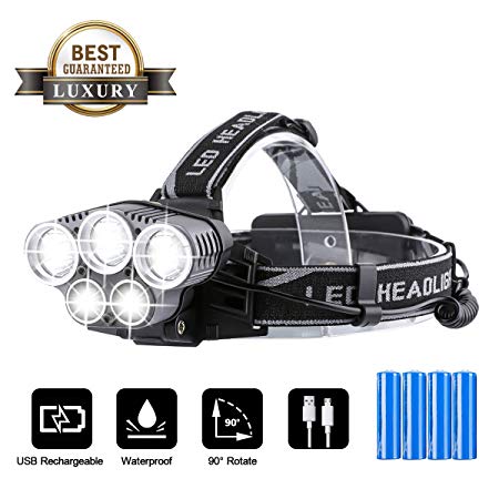 OUTERDO Rechargeable Head Torch,LED Headlamp Super Bright Flashlight 10000LM 5 LED 6 Modes Helmet Light Waterproof,Adjustable Angle with Warning Light For Rescue/Camping/Fishing/Climbing