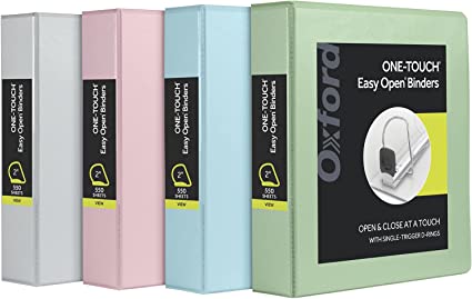 Oxford 3 Ring Binders, 2 Inch ONE-Touch Easy Open D Rings, View Binders, Durable Hinge, Non-Stick, PVC-Free, Asst. Natural Pastels, 4 Pack (79923)