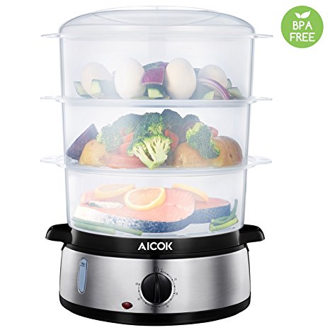 Aicok Food Steamer, Vegetable Steamer Food, Food Steamer Pot, BPA FREE Healthy Food Steamer Basket 9.5 Quart, 3-Tier Digital Food Steamer 800W Fast Heat-up for Meat, Vegetable, Egg and Rice, Stainless Steel