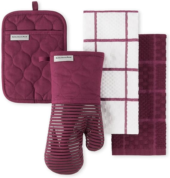 KitchenAid Onion Quilt KT OM PH Kitchen Towel, Oven Mitt & Potholder Set, Beet