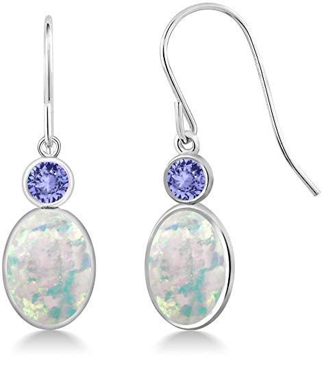 Gem Stone King 2.34 Ct Oval Cabochon White Simulated Opal Blue Tanzanite 14K White Gold Earrings