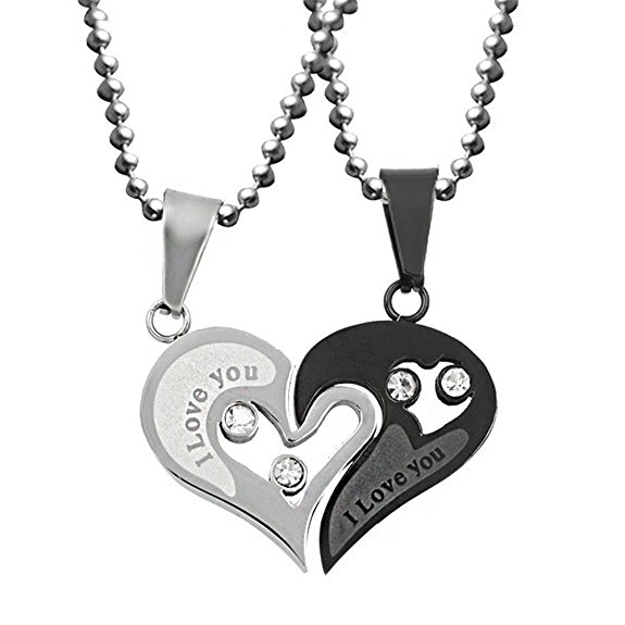 Uloveido 2pcs Stainless Steel Mens Womens Pendant Necklace Love Heart CZ Puzzle Matching SN102