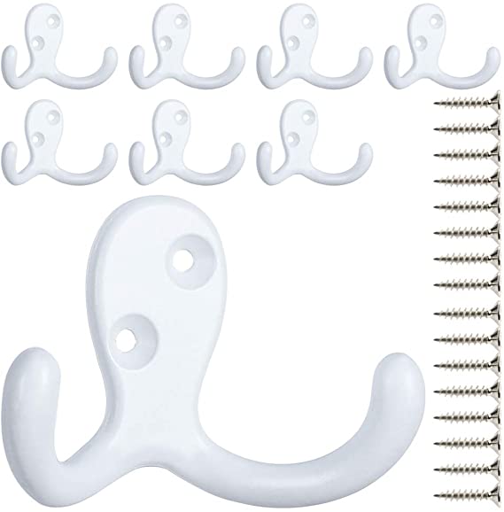 8 Pack Heavy Duty Double Prong Coat Hooks Wall Mounted with 18 Screws Retro Double Hooks Utility Hooks for Coat, Scarf, Bag, Towel, Key, Cap, Cup, Hat (White)