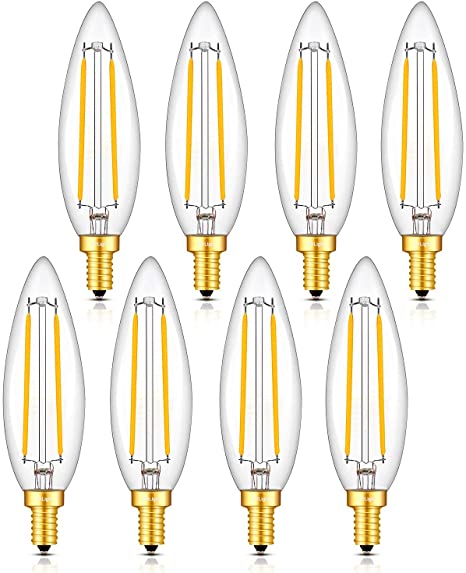 CRLight 5W LED Candelabra Bulb 50W Equivalent 3000K Soft White 500 Lumens, E12 Base Dimmable LED Candle Filament Bulbs, Upgraded Lengthened & Enlarged B11 Clear Glass Torpedo Shape, Pack of 8