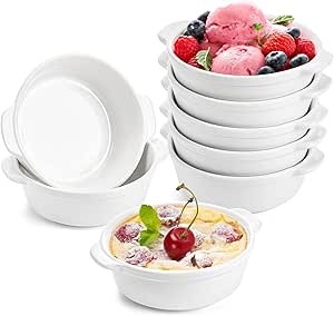 Foraineam 8 Pack 10 Ounce Porcelain Souffle Dishes with Double Handles Round Ramekins Bakeware Set for Pudding, Creme Brulee, Souffle