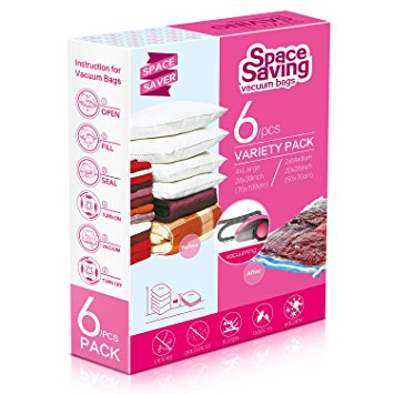 Adoric Space Saver Bags 6 Pack – 4 Jumbo Vacuum Storage Bags & 2 Medium Travel Roll-Up Bags –Double-Zip Seal, 80% More Compression, Reusable for Home Storage and Travel