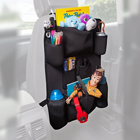 High-End Luxury Car Back Seat Organizer With Tablet Pocket For Android & iOS Tablets | Insulated Neoprene | Use as Baby Auto Seat Back Protector, Kick Mat, Car Organizer & Grocery Bag Holder