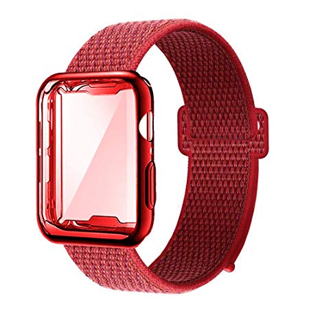 GBPOOT Compatible for Apple Watch Band 38mm 40mm 42mm 44mm with Screen Protector Case,Soft Nylon Sport Loop Replacement Wristband with Protective Case Compatible for Apple Watch Iwatch Series 1/2/3/4