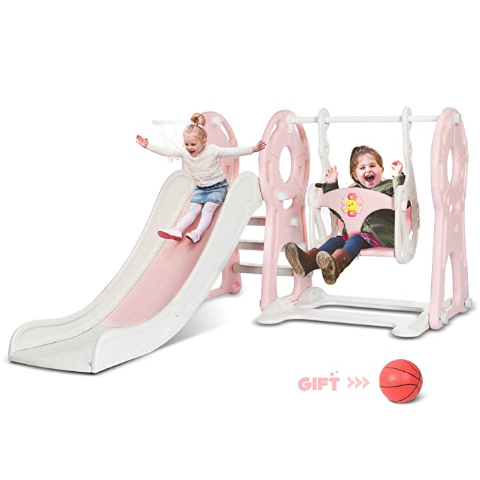 KingSo Slide and Swing Set for Toddlers 4 in 1 Combination Climber Slide Playset Basketball Hoop 63" Extra Long Slide Easy Climb Stairs Easy Set Up Baby Kids Playset for Indoor & Backyard(Pink)