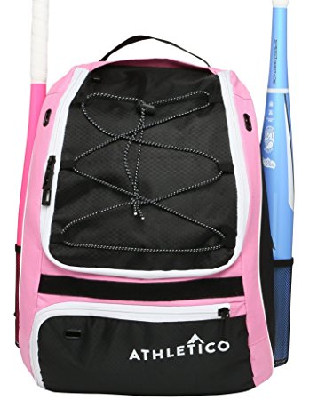 Athletico Softball Bat Bag - Backpack for Softball, Baseball, & T-Ball Equipment & Gear for Kids, Youth, and Adults | Holds Bat, Helmet, Glove, & Shoes | Separate Shoe Compartment, & Fence Hook