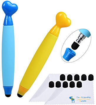 Stylus for Kids - Bundle of 2 Heart Shaped Cute Fun and Colorful Capacitive Touch Screen Pens with Replaceable Tips - for Boys and Girls - Specially Designed for Children - 10 Replacement Tips Included - CE and RoHs Certified for Your Safety (Blue   Yellow)