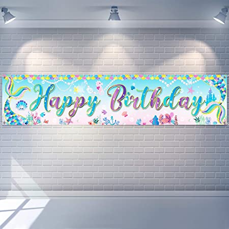 Tatuo Mermaid Banner Mermaid Happy Birthday Banner Under The Sea Girls Princess Party Decorations Background Photo Large Mermaid Glitter Banner for Birthday Party Supplies